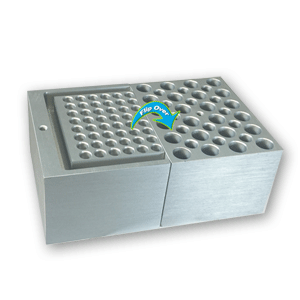 Quick-Flip Universal Block for Digital Dry Baths: Side 1: Holds 24 x 1.5ml/2.0ml and 14 x 0.5 ml Tubes · Side 2: Holds 6 x PCR strips, 48 x 0.2 ml or PCR plate